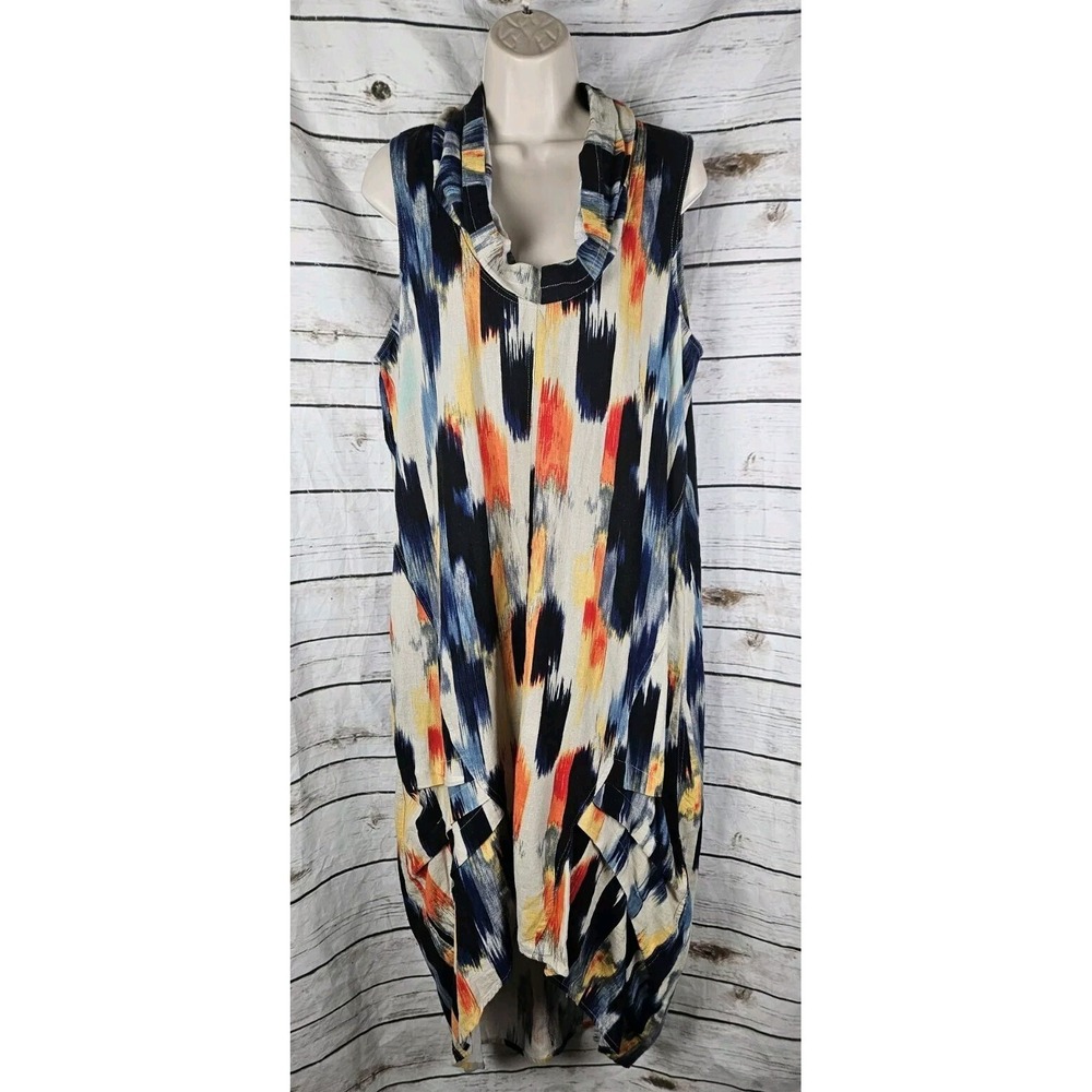 For Cynthia Linen Blend Cowl Neck Dress XL Midi Lagenlook Artsy Multi Color